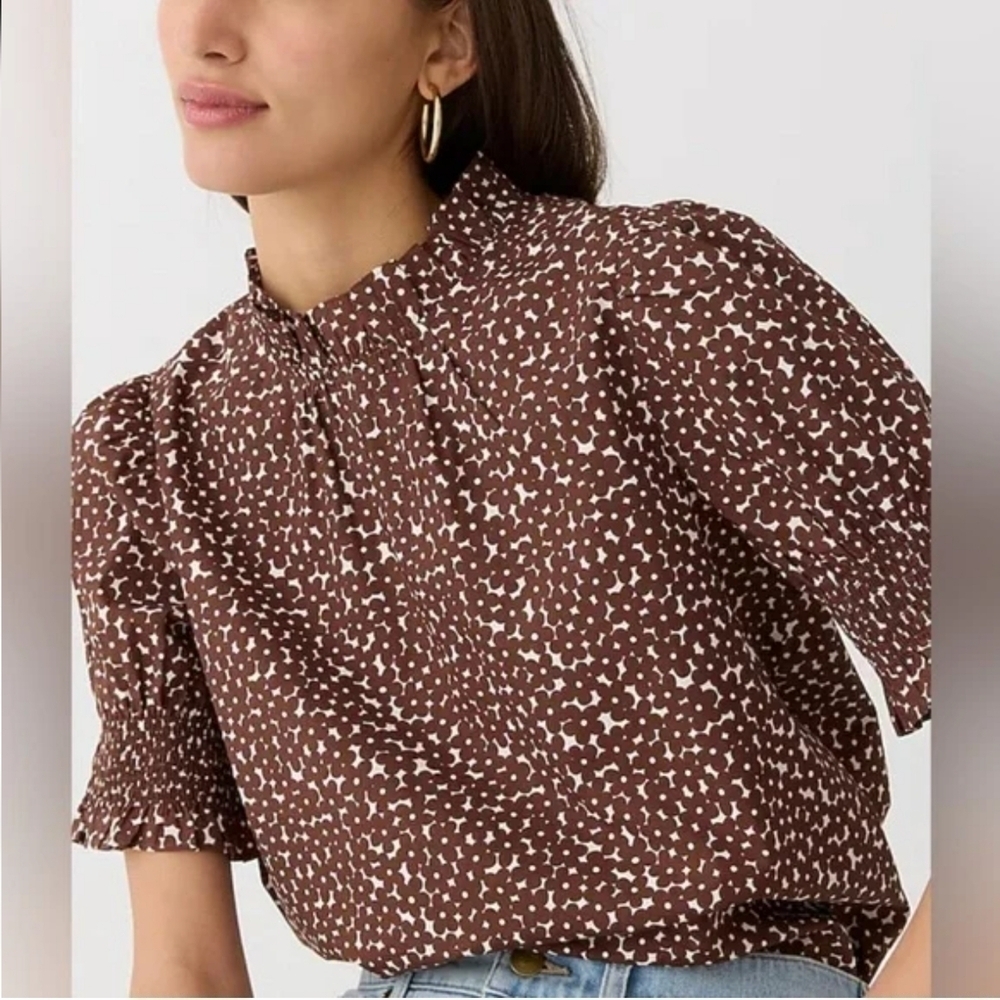 J Crew Brown Cream Puff Sleeve Smocked Cotton Top Small
